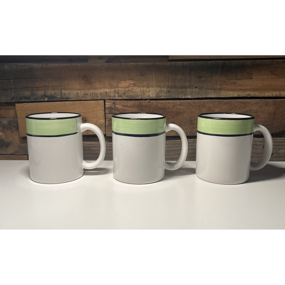 3 ~ HF Coors Spree Pattern white W/lime green ceramic mugs Made In USA